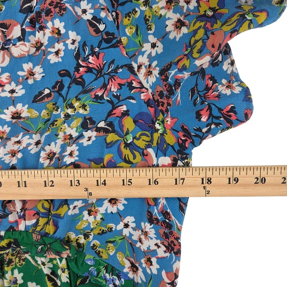 Anthropologie Robin Tiered Mini Dress Blue Green Floral Boho Cottagecore S
